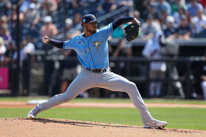 Tampa Bay's Taj Bradley (45) throws a pitch against the New York Yankees during spring training. (Nathan Ray Seebeck-USA TODAY Sports)